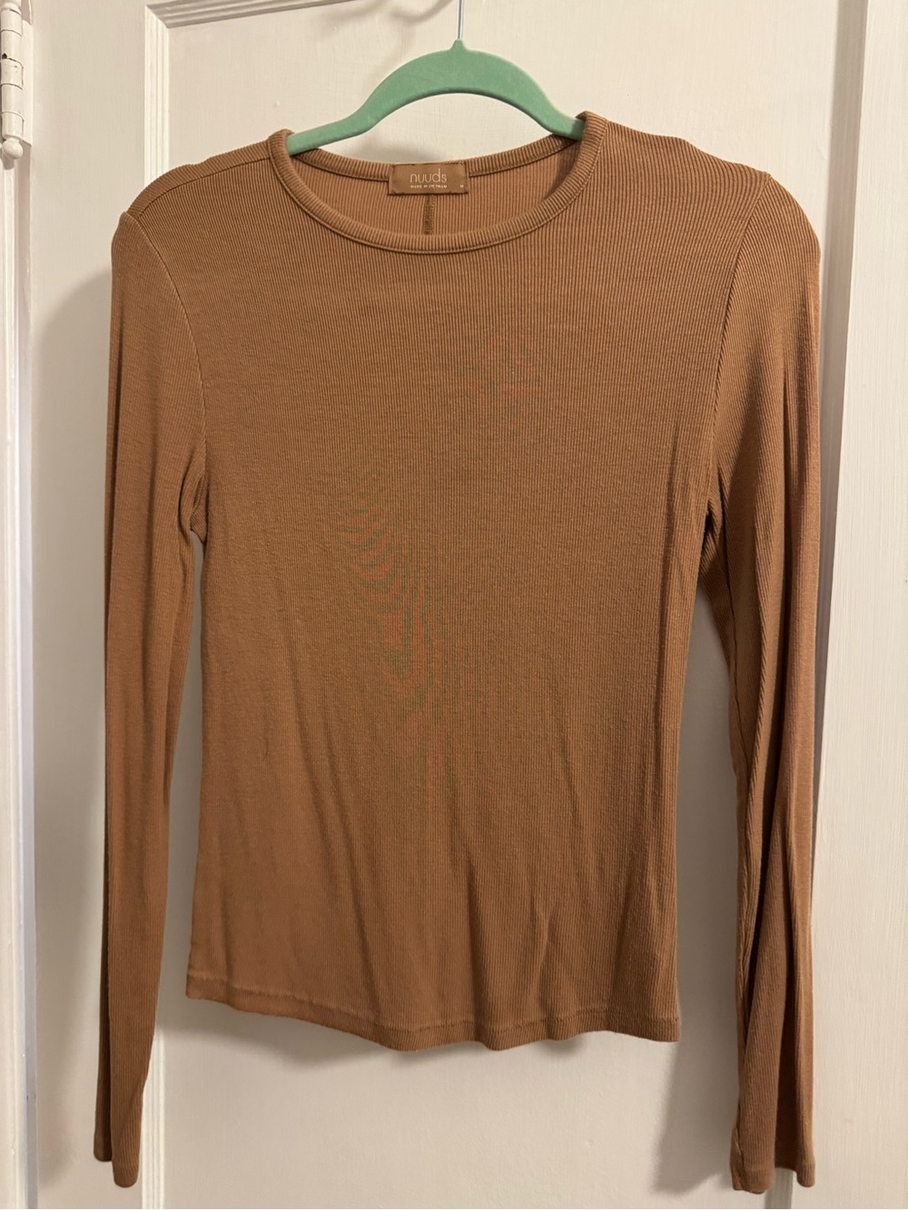 nuuds Ribbed Long-Sleeve Crewneck Top in Camel